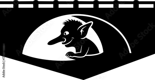 Whimsical troll peeking from under a dark bridge, a playful character inviting imagination and curiosity for fantasy themes.