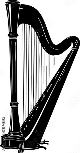 Elegant black harp silhouette evokes timeless music, classical performance, and serene artistic expression for sophisticated projects.