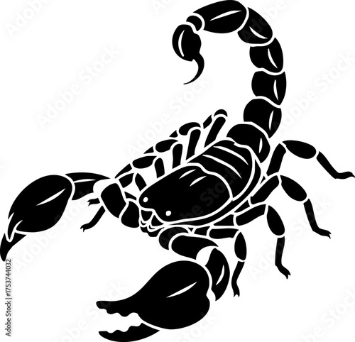 Dynamic black scorpion silhouette poised for action, symbolizing power, danger, and resilience in striking graphic design