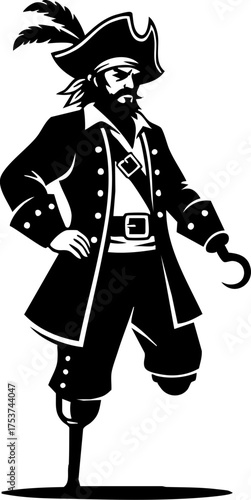 Fearsome pirate captain with hook hand and peg leg stands ready for adventure, exuding rugged charm and historical intrigue.