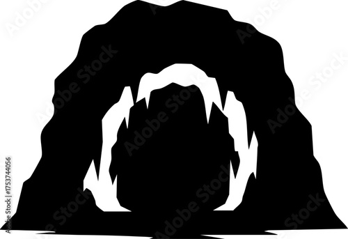 Dramatic dark cave entrance with jagged rock formations and mysterious glowing interior, perfect for adventure themes and exploration concepts.