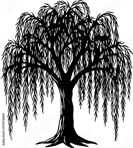 Graceful weeping willow tree silhouette offers timeless natural beauty for serene landscape designs and peaceful outdoor themes.
