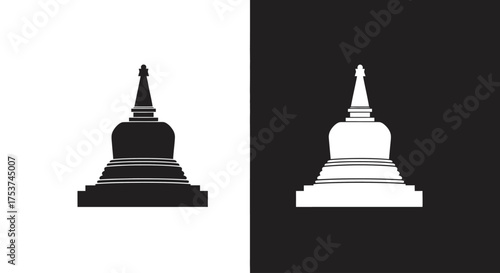 A simple black and white icon set of a Buddhist stupa, a sacred religious monument.