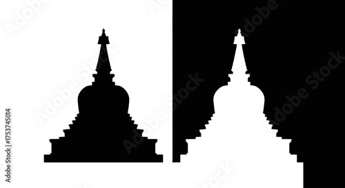 Contrasting black and white silhouettes of a Buddhist stupa, a minimalist graphic representation of positive and negative space.