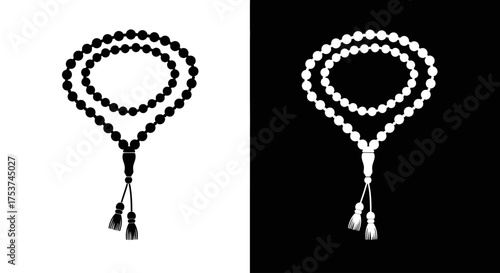 A black and white icon set of Islamic prayer beads, or tasbih, with tassels, on contrasting backgrounds.