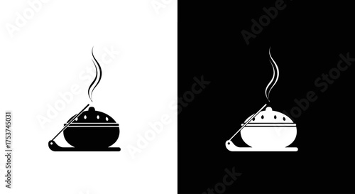 A minimalist black and white icon set featuring a traditional censer with a burning incense stick releasing fragrant smoke.