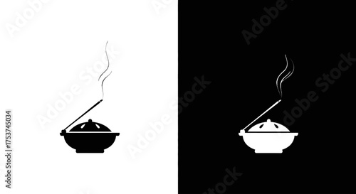 Minimalist black and white icons of a burning incense stick in a censer with wisps of smoke.
