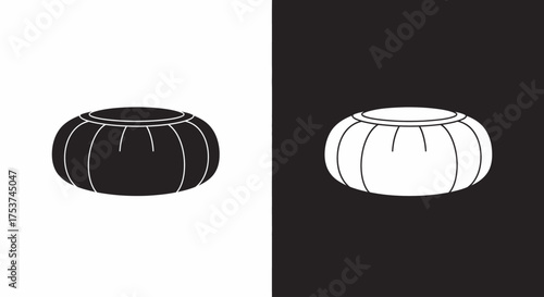 A minimalist graphic illustration of a round, soft pouf ottoman, shown in both black and white versions for interior design concepts.