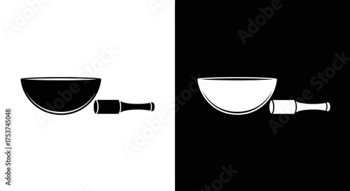 A minimalist black and white graphic of a singing bowl and mallet, shown in positive and negative.