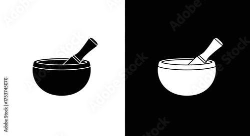 A simple graphic icon of a Tibetan singing bowl with a mallet, shown in black and white inverse variations for meditation or sound therapy.