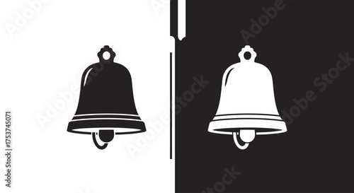 A minimalist graphic design featuring two bell icons, one black on white and its negative white on black counterpart.