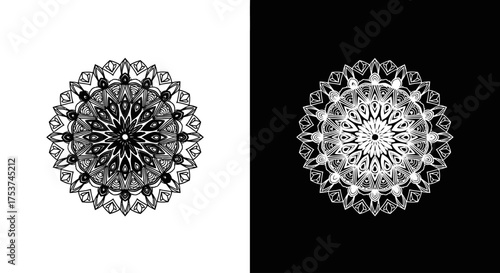 Two intricate circular mandalas, one black on white and one white on black, showcasing a symmetrical ornamental design.