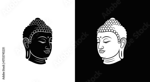A symmetrical illustration of two Buddha heads in contrasting black and white on a split background.