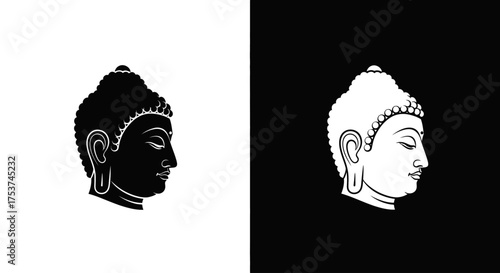 A black and white graphic illustration of a Buddha head in profile, shown in positive and negative space.