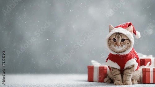 Festive cat in cozy santa attire with gift in snowy winter setting
