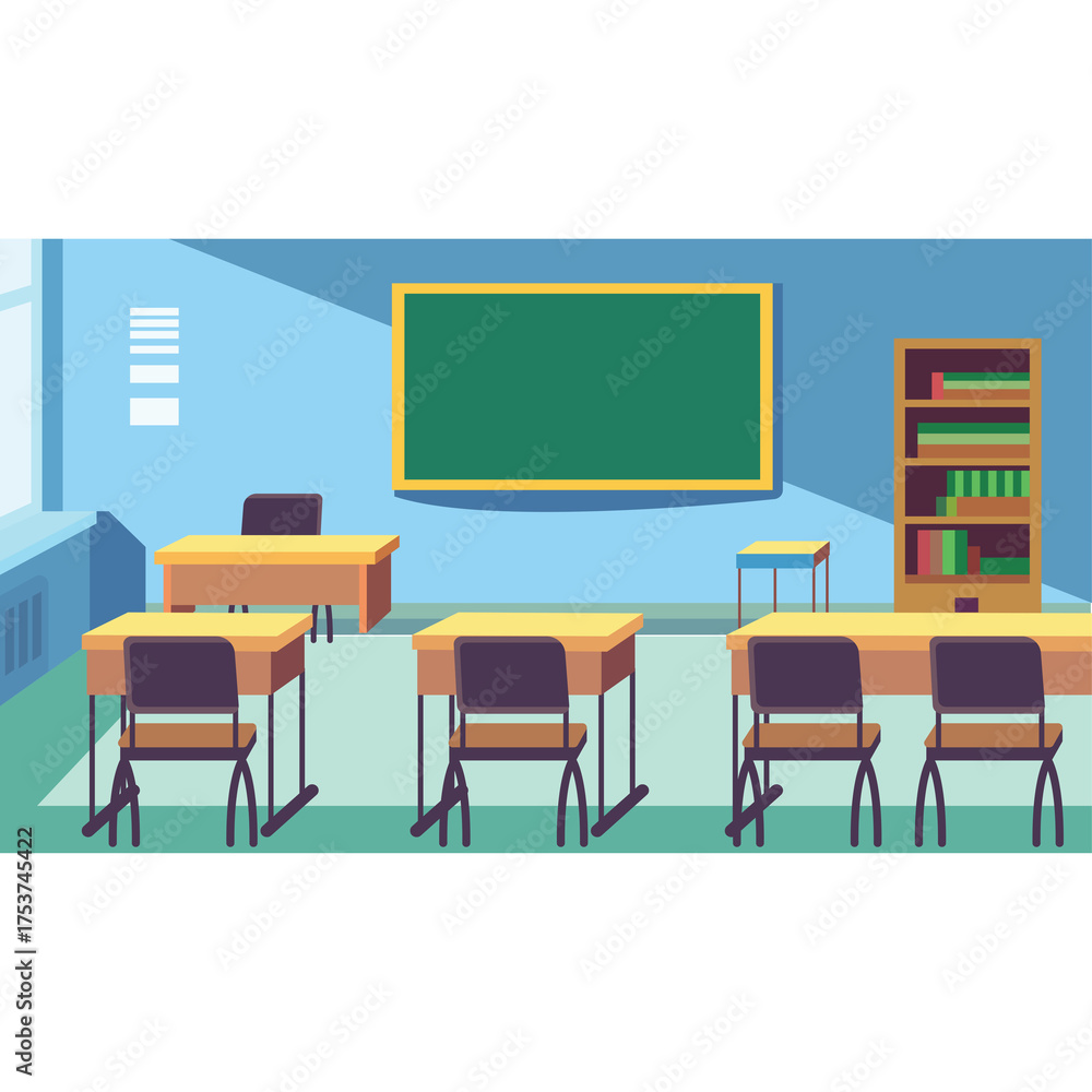 Fototapeta premium Pixelated Classroom Interior With Desks Chairs Blackboard And Bookshelf In A School Setting