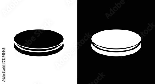 A simple, flat design icon of a round object like a puck or checker, presented in contrasting black and white versions.