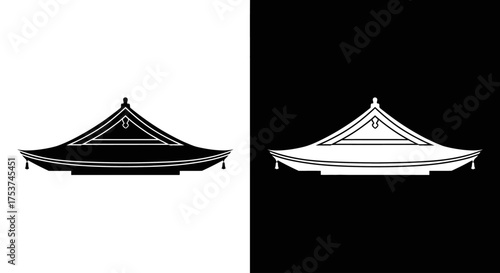 Minimalist graphic icons of a traditional East Asian pagoda roof, shown as black and white symmetrical silhouettes.