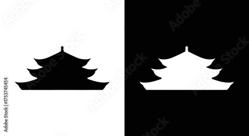 A minimalist black and white icon of an Asian temple, shown as a positive and negative silhouette side-by-side.
