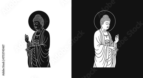 Serene standing Buddha illustration in two contrasting black and white graphic versions with a halo.