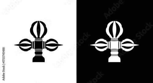 A black and white graphic icon of the Vishvavajra, the double dorje, a Tibetan Buddhist symbol of stability and indestructibility.
