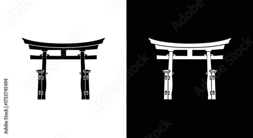 A traditional Japanese Shinto Torii gate presented as a minimalist black and white icon set.