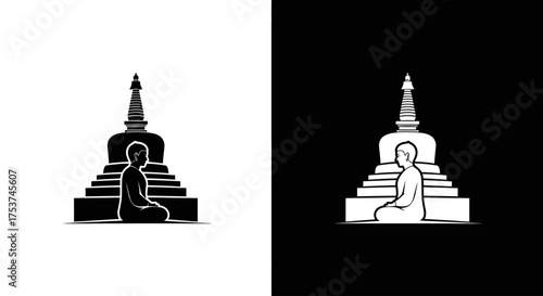 A serene figure meditates peacefully in front of a Buddhist stupa in a minimalist black and white logo design.