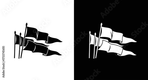 A black and white silhouette icon of two tattered, waving medieval pennants on flagpoles.