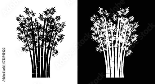 A set of two bamboo grove silhouettes, one black on a white background and its white inverse on black.