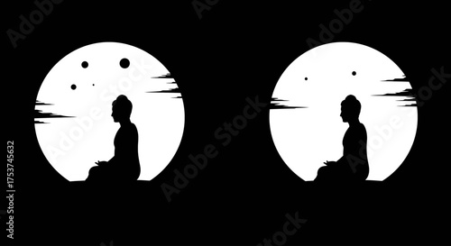 A serene silhouette of a person in lotus pose meditating under the stars, shown in two variations.