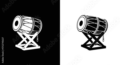 A traditional two-headed Indian dholak hand drum on a stand, shown in black and white inverse icons.