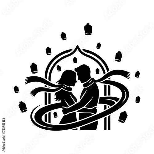 Couples hugging vector art of silhouette of a couple embracing under a lantern arch