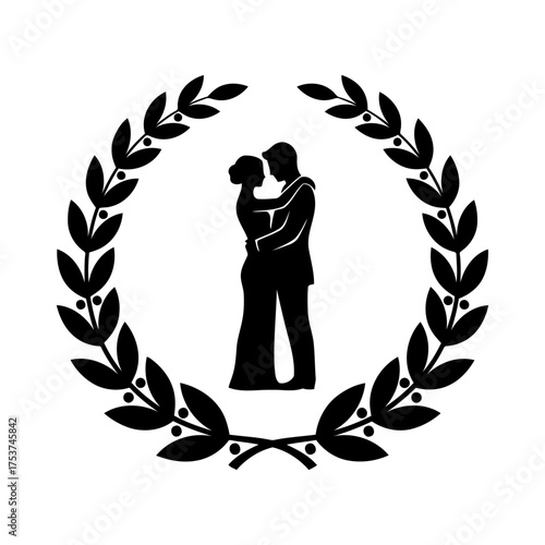 Couples hugging vector art of silhouette of a couple embracing in a laurel wreath