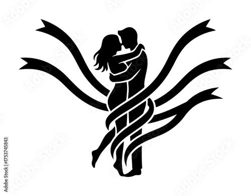 Couples hugging vector art of silhouette of a couple hugging with ribbons