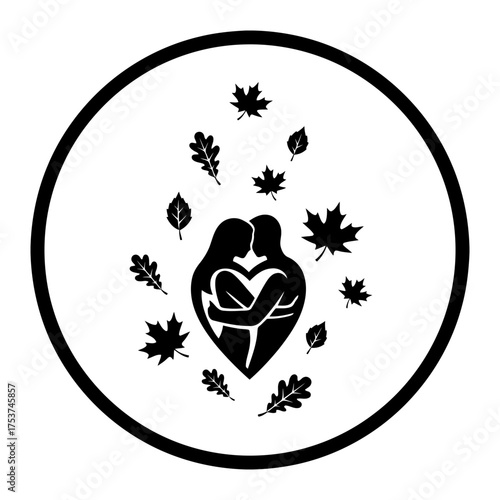 Couples hugging vector art of silhouette of a couple embracing in a heart with leaves