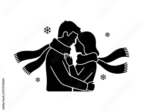 Couples hugging vector art of silhouette of a couple embracing in winter with scarves
