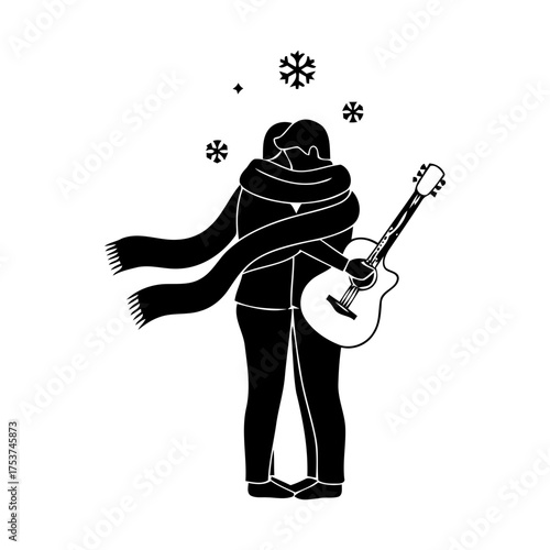 Couples hugging vector art of couple hugging in winter with guitar and snowflakes