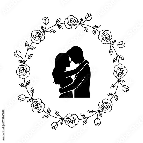 Couples hugging vector art of silhouette of a loving couple embracing in a floral wreath isolated on white