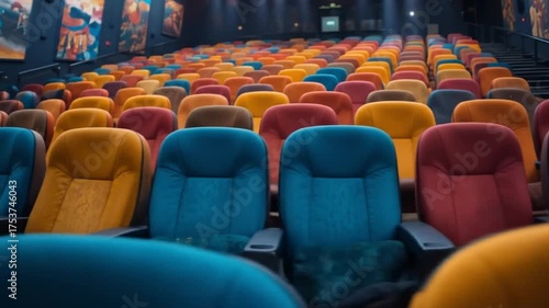 Colorful cinema seats are ready for moviegoers in a vibrant theater atmosphere. 4k video