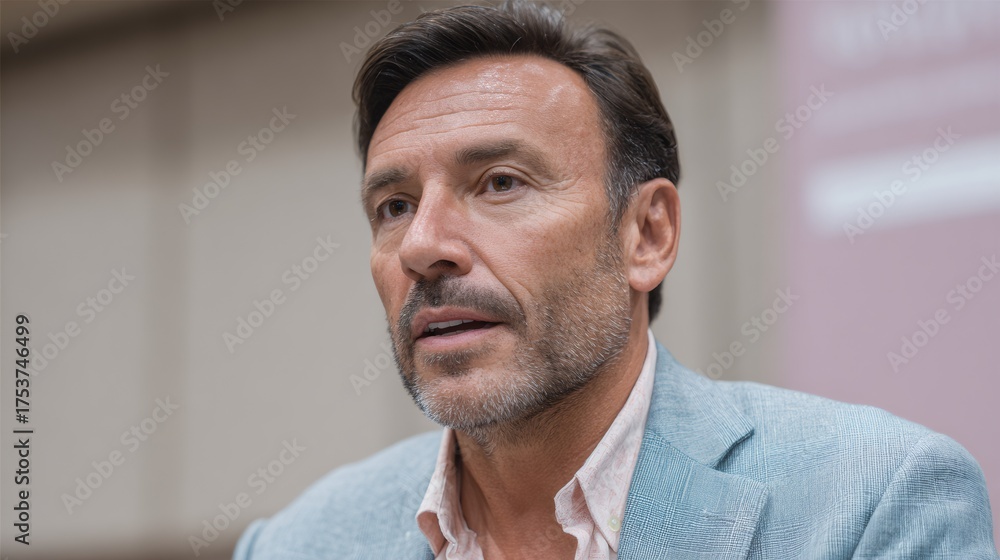 Obraz premium Man with a beard and gray hair is wearing a blue jacket and a pink shirt