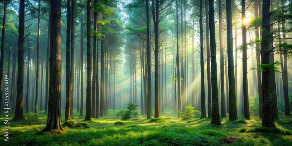 Fototapeta premium Dense foliage and towering trees create an air of mystique in this enchanting forest scene, serene, silence, serene