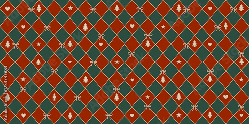 Christmas vintage seamless pattern , cute 3d gold glitter christmas tree, bow ,heart and stars on ribbon and colorful argyle pattern. greeting  wallpaper. 