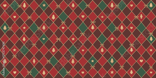 Christmas vintage seamless pattern , cute 3d gold glitter christmas tree, bow ,heart and stars on ribbon and colorful argyle pattern. greeting  wallpaper. 