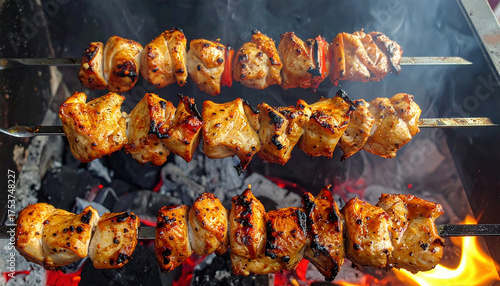 Juicy marinated chicken skewers grilling over open flame on a barbecue, with smoke and fire creating a delicious, smoky outdoor cooking scene.	
