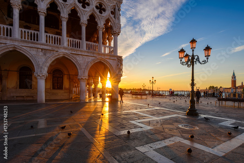 Sunrise view of piazzetta San Marco, Doge's Palace (Palazzo Ducale), Colonna di San Marco in Venice, Italy. Architecture and landmark of Venice.