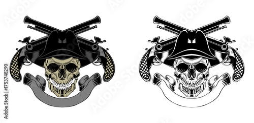 Pirate Emblem Design: A striking design, featuring a skull beneath a pirate hat with crossed flintlock pistols. An evocative image for anyone seeking bold, eye-catching visuals.