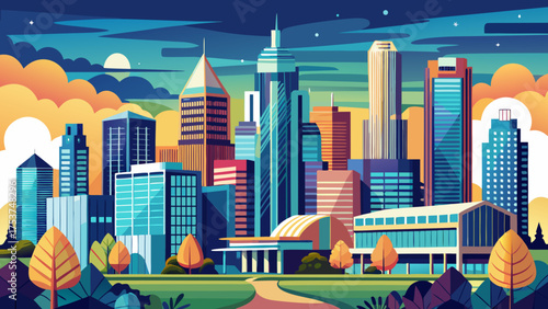Very beautiful Charlotte city downtown skyline cityscape of North Carolina, showcasing modern skyscrapers, urban lights, and reflections creating a vibrant and dynamic evening panorama of the city.