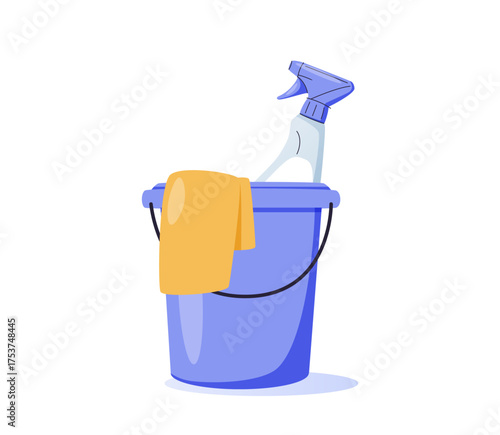 Blue plastic basket full of detergent bottles and gloves. Cleaning supplies and washing powder icons. Cleaning products