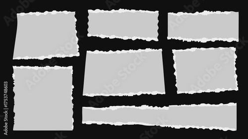 Big set of white torn paper sheet, ripped newspaper strip, retro texture background, text message banner, sticky note and grunge notebook page collage with uneven edge and realistic shadow. Torn paper