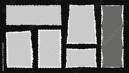 Big set of white torn paper sheet, ripped newspaper strip, retro texture background, text message banner, sticky note and grunge notebook page collage with uneven edge and realistic shadow. Torn paper
